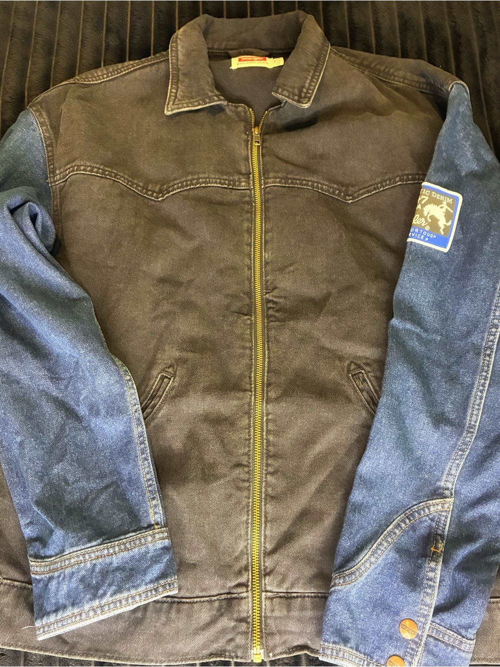 Wrangler Black Body with Blue Denim Sleeve Zip Jacket